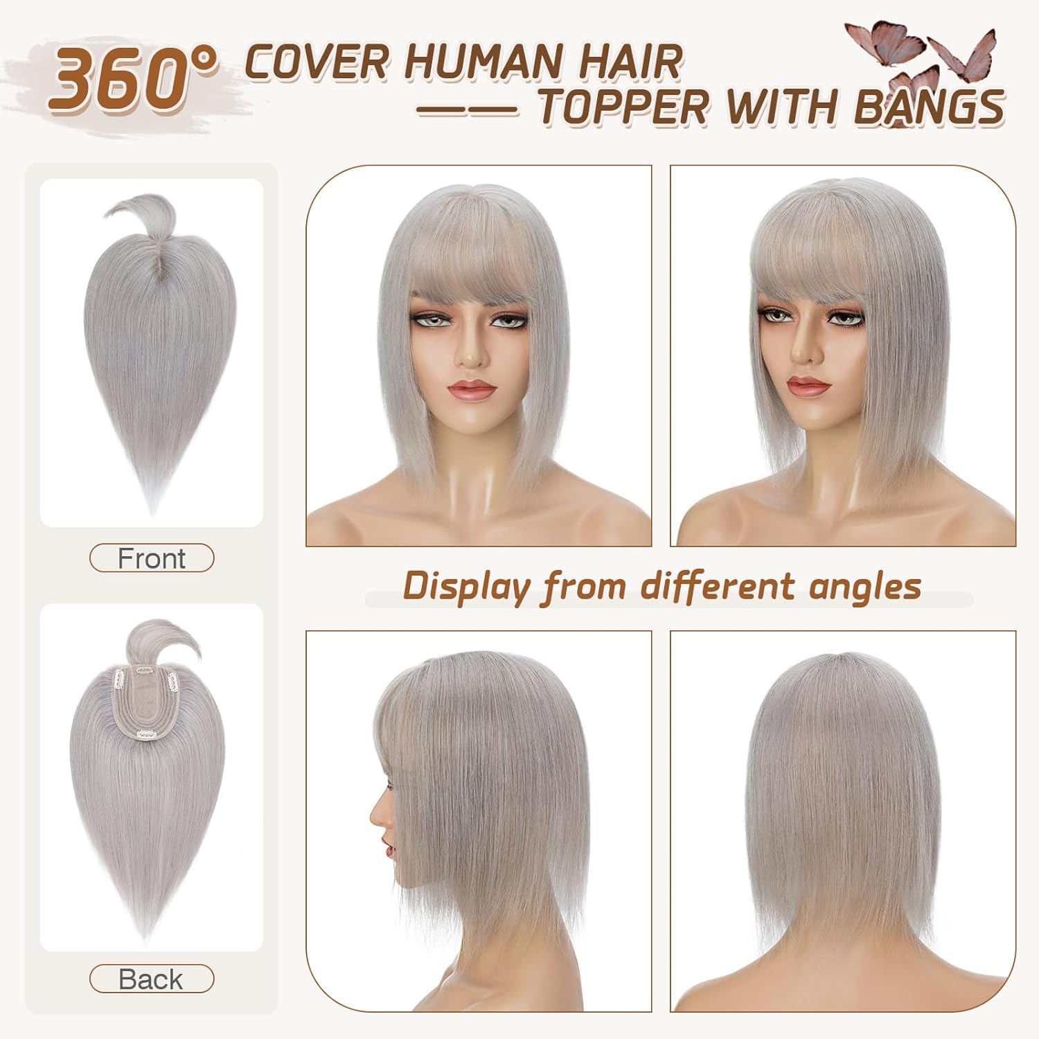 12 Inch Grey Real Human Hair Topper with Bangs for Thinning Hair - Image 3