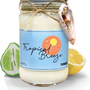 Tumbler Home Beach Candle, Large Scented Summer Candle, 100% Soy Wax, 90 Hour Burn, Mason Jar with Real Shell, Coastal Decor & Beach Themed Gift for Women, Made in USA, Tropical Fruits Fresh Air Scent