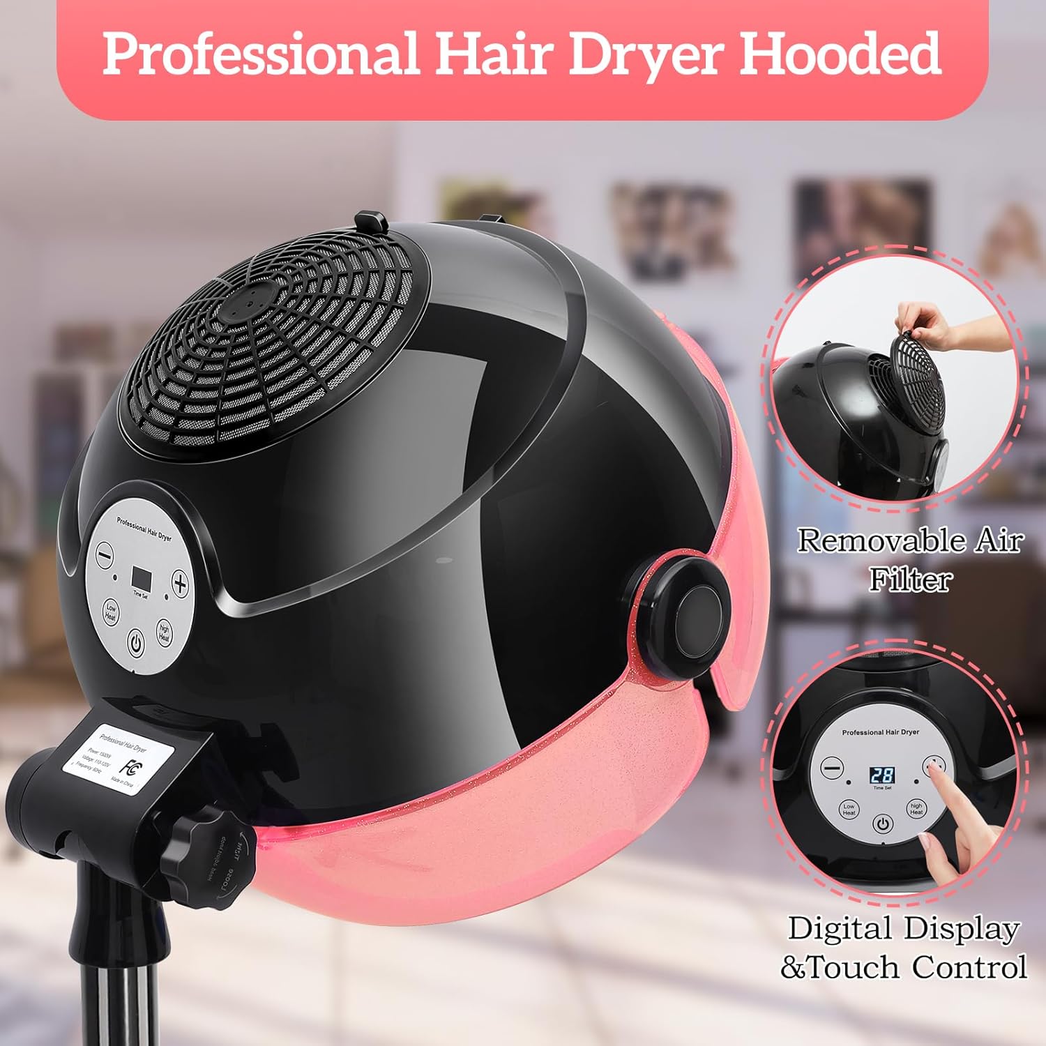 Professional Hooded Hair Dryer with Adjustable Height and Touch Controls, 3 Heat Settings - Image 2
