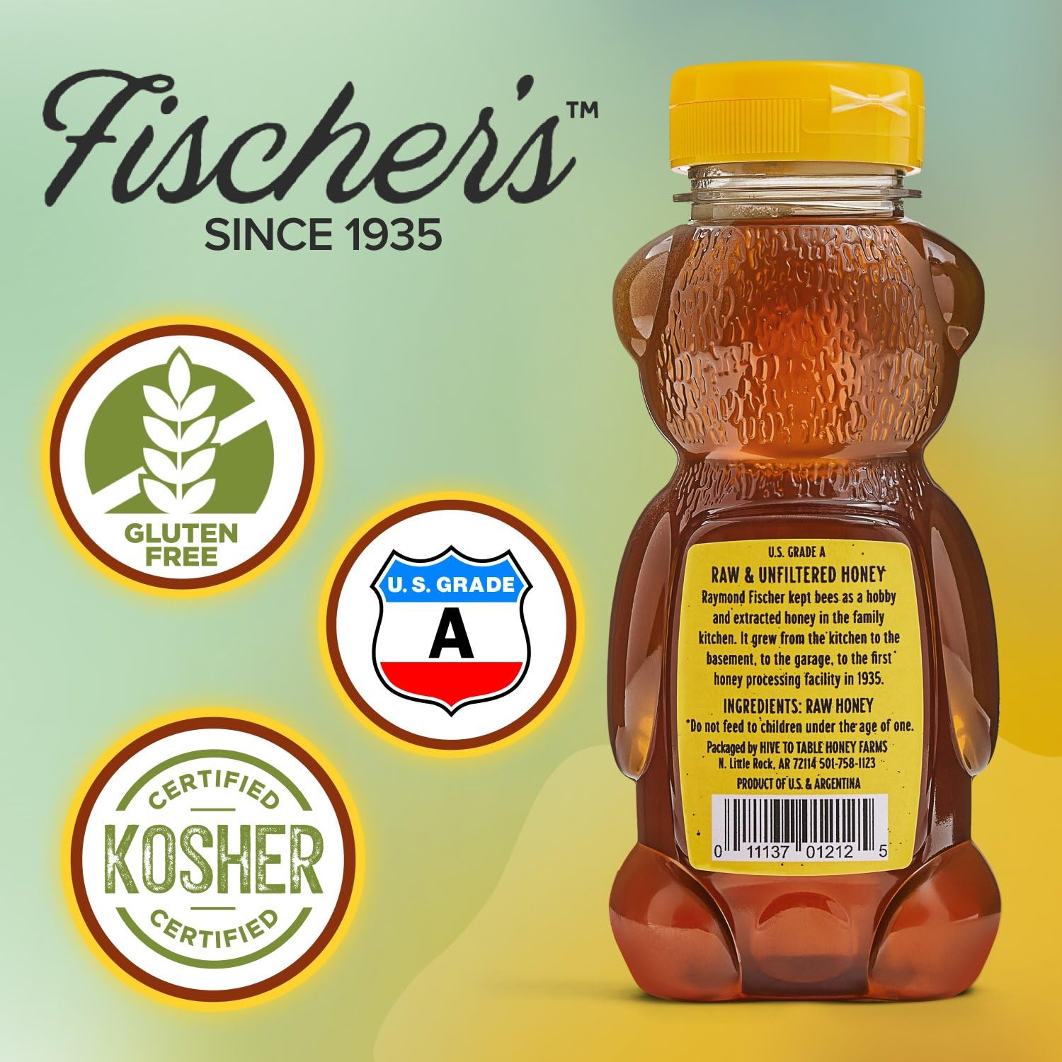 Fischer's 12 Oz 100% Pure Raw Unfiltered Clover Honey Squeezable Bear Bottle - Image 2