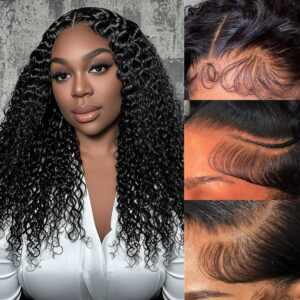 13x4 Deep Curly Glueless Wigs Human Hair Deep Wave Lace Frontal Wet and Wavy Wig 20 Inches 180 Density Water Wave Lace Front Wigs Human Hair Pre Plucked with Baby Hair Natural Black 1B