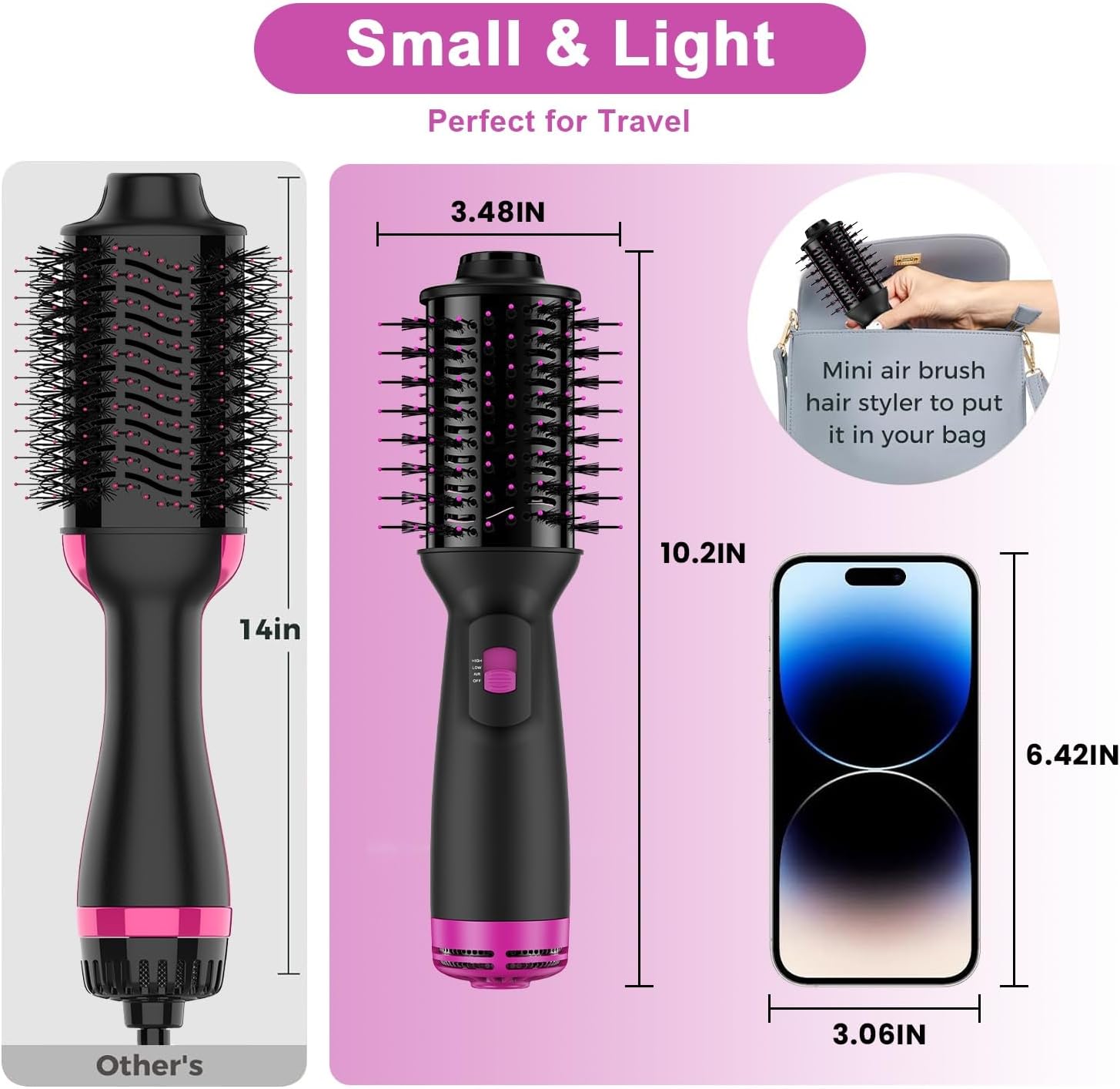 Dual Voltage Mini Hair Dryer Brush 120V-240V Anti-frizz Volumizer with UK/EU Plug - Image 6