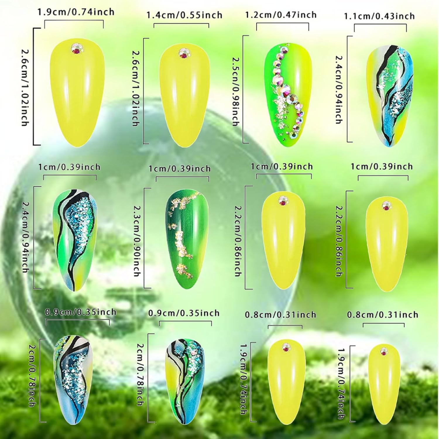 Glossy Green Gradient Medium Almond Marble Press On Nails 24Pcs with Rhinestones - Image 6