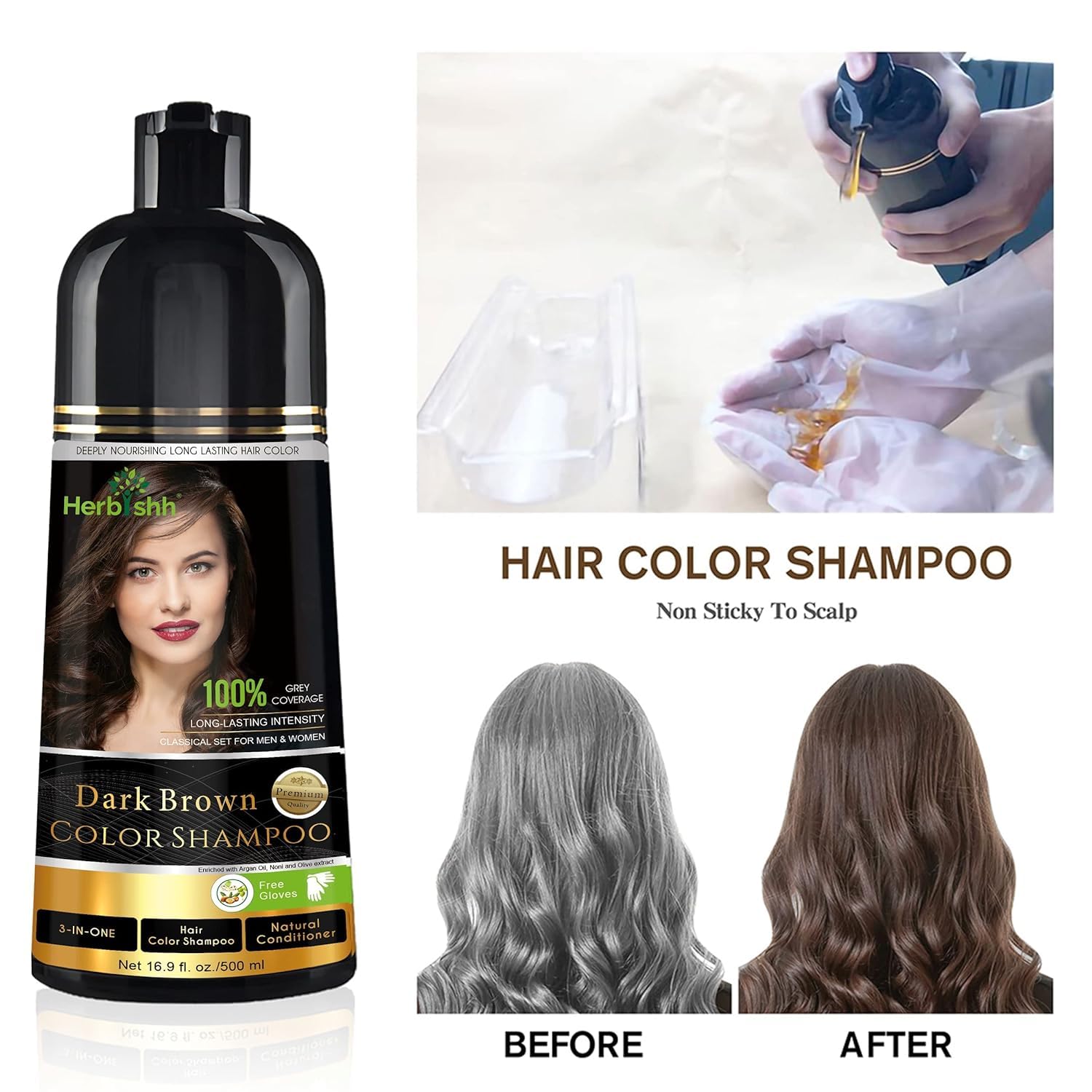 Herbishh 3-In-1 Dark Brown Hair Color Shampoo 500ml with 30ml Argan Oil for Dry Hair - Image 8