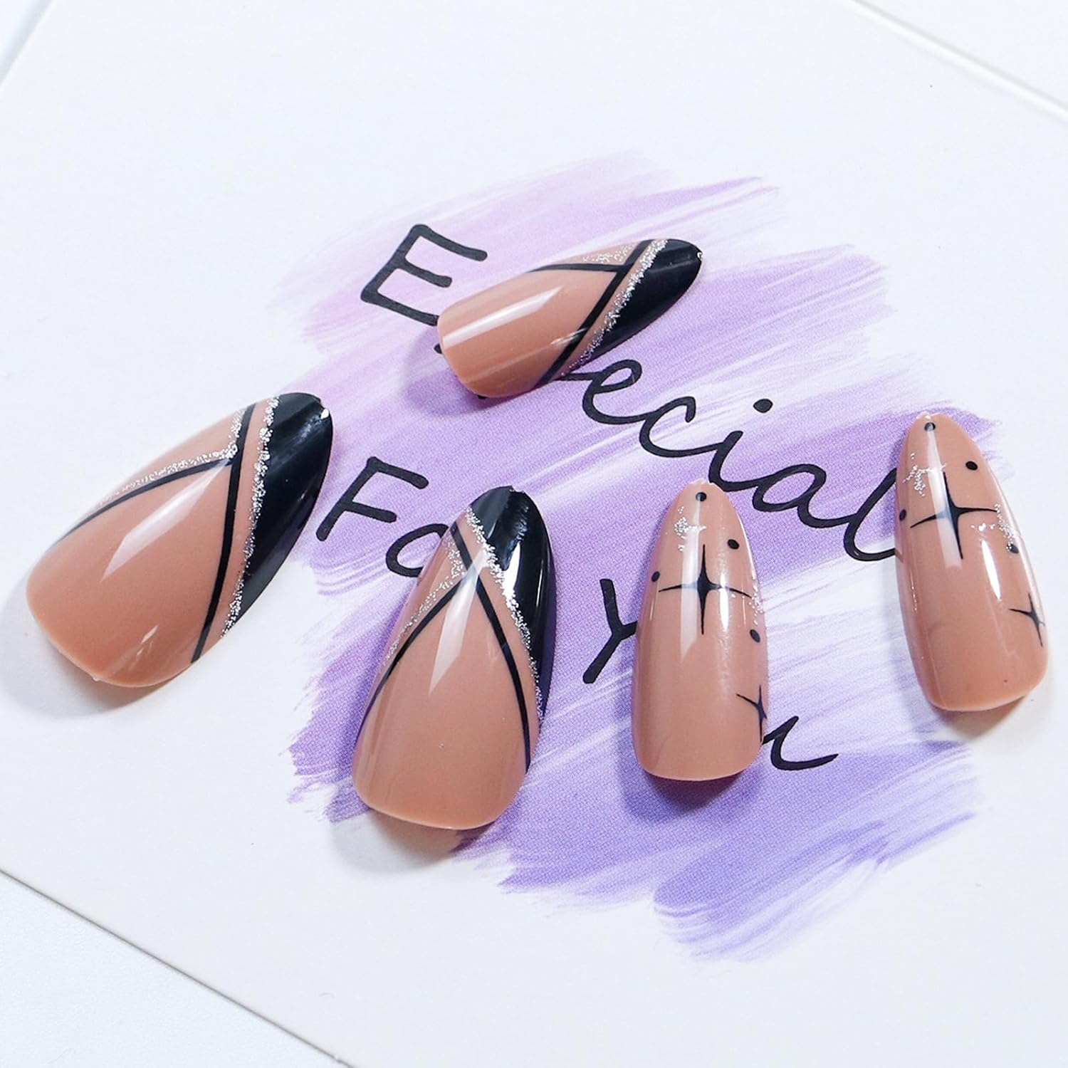 Medium Almond Black French Tip Press on Nails with Glitter and Silver Line 24Pcs - Image 2