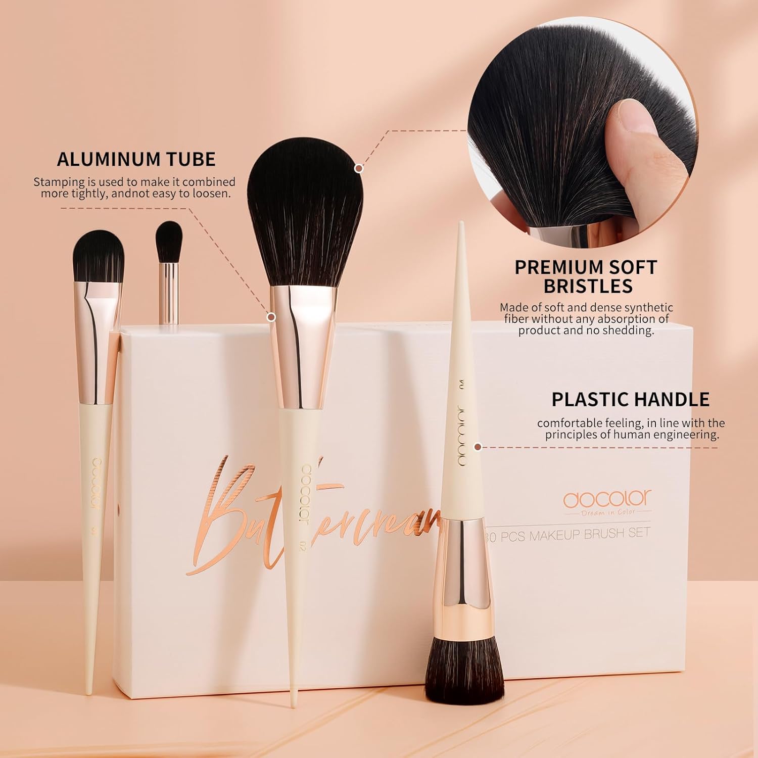 Docolor 30-Piece Professional Makeup Brush Set with Premium Synthetic Kabuki Brushes Beige - Image 7