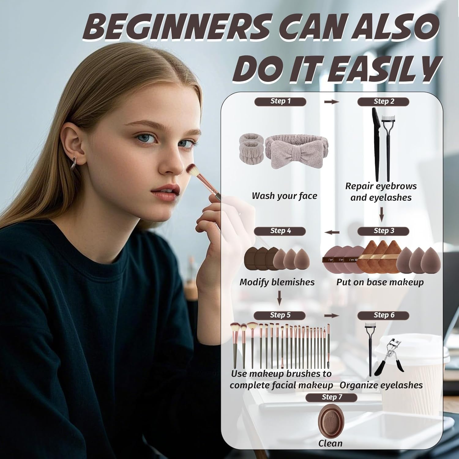 48-Piece Brown Makeup Brush Set Premium Synthetic Tools for Beginners and Professionals - Image 3