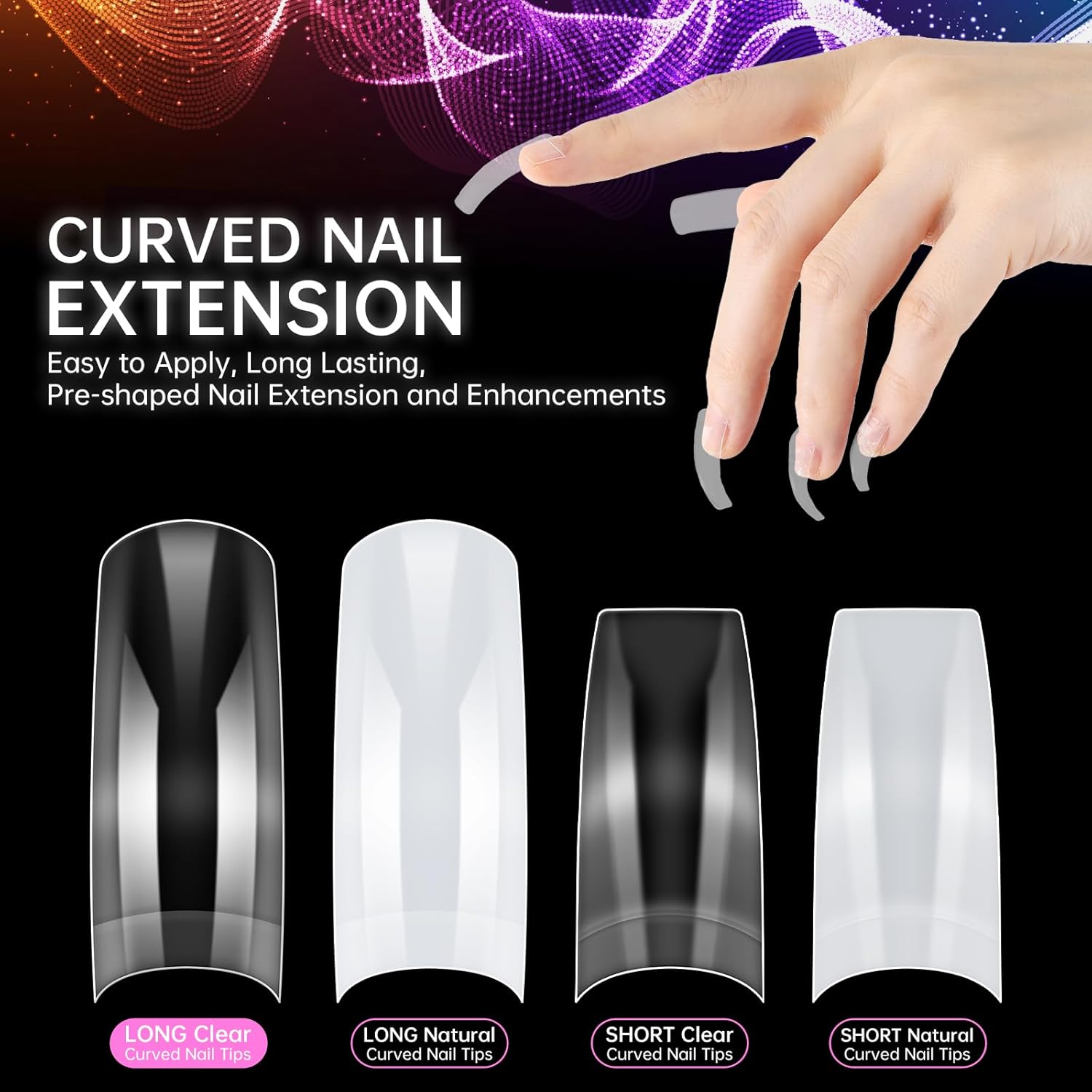 INNEK Clear Acrylic Nail Tips - 500 Pieces, 10 Sizes, Tapered Square C Curve - Image 2