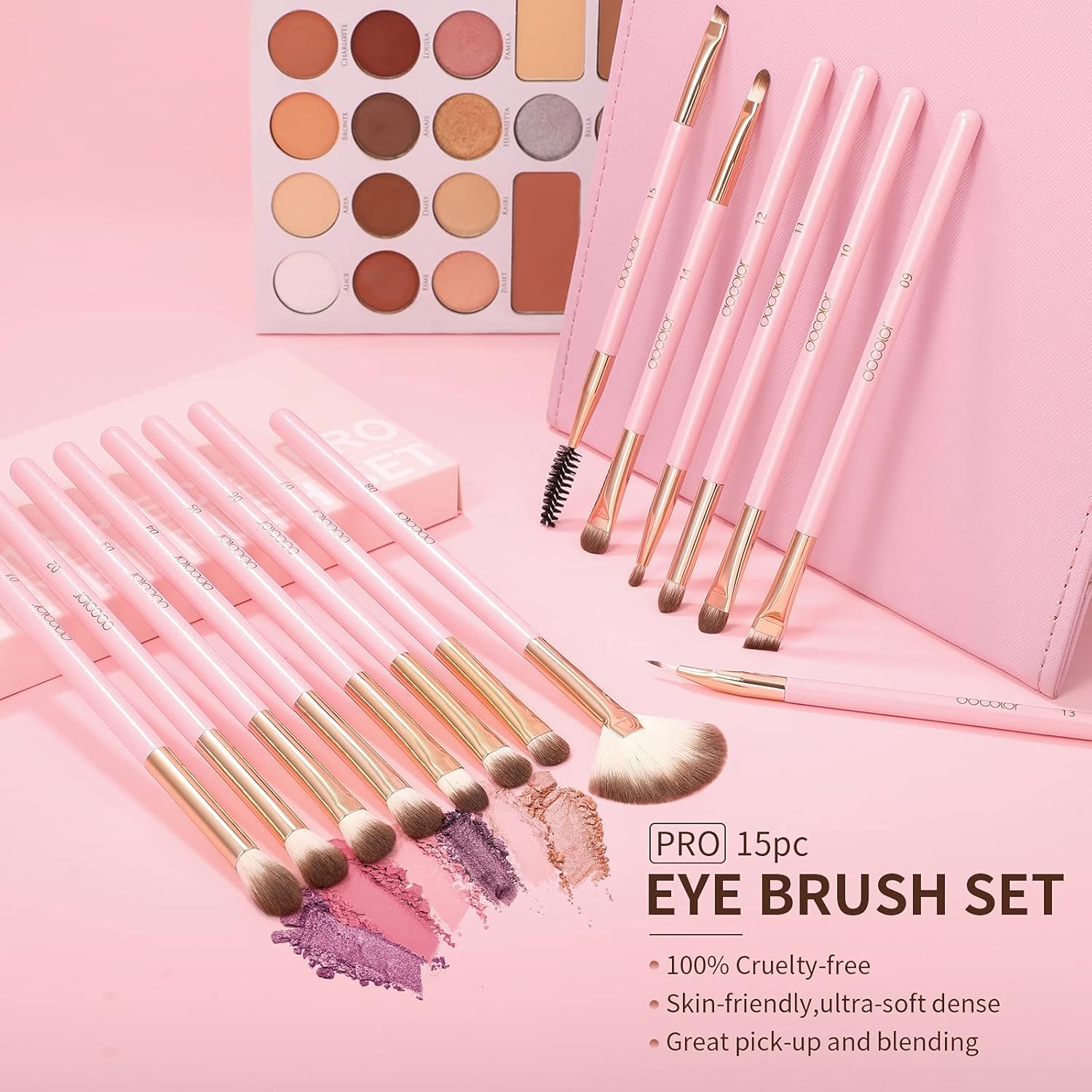Docolor Pink 15-Piece Soft Synthetic Hair Eye Makeup Brush Set - Image 2