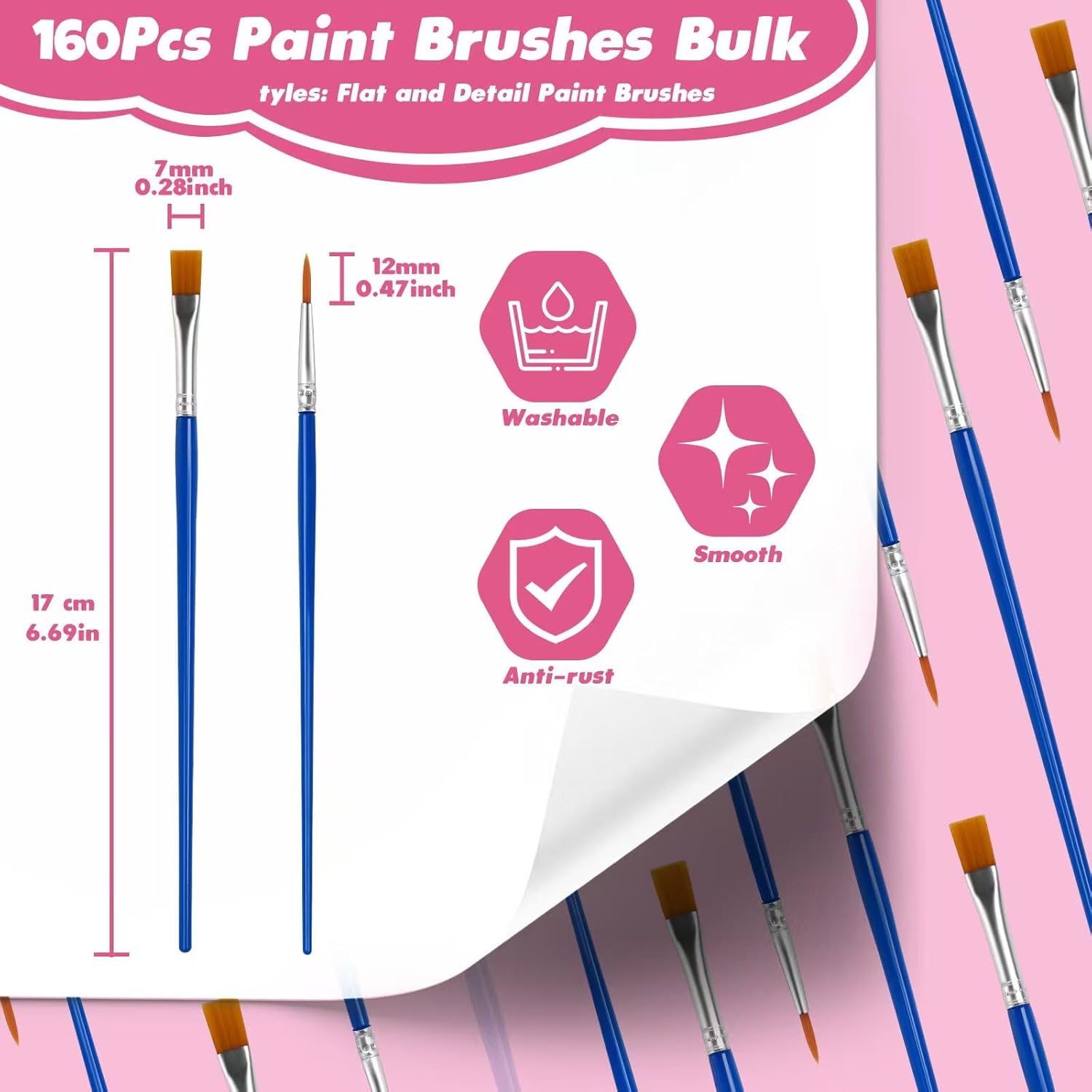 160 Piece Set Small Flat and Round Tip Kids Paint Brushes Classroom Art Projects - Image 2