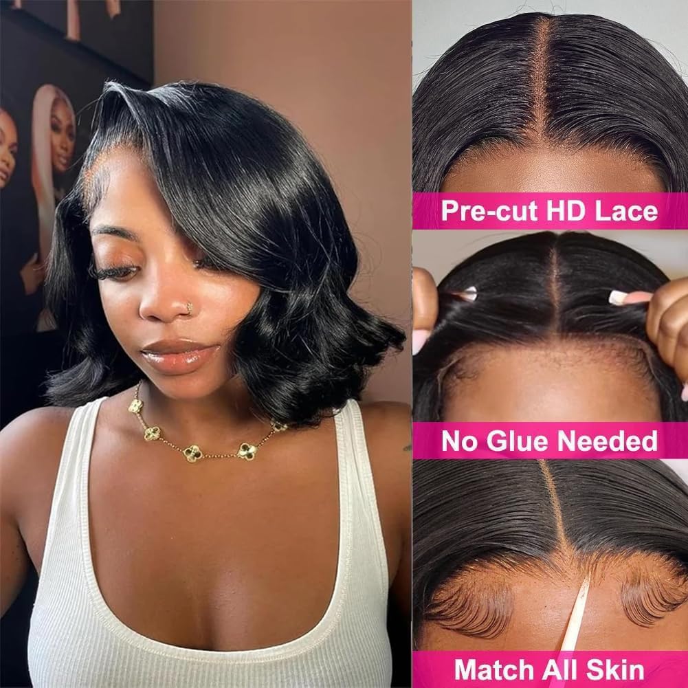 Glueless 12 Inch Human Hair Bob Wig 180% Density Body Wave Lace Front - Image 2