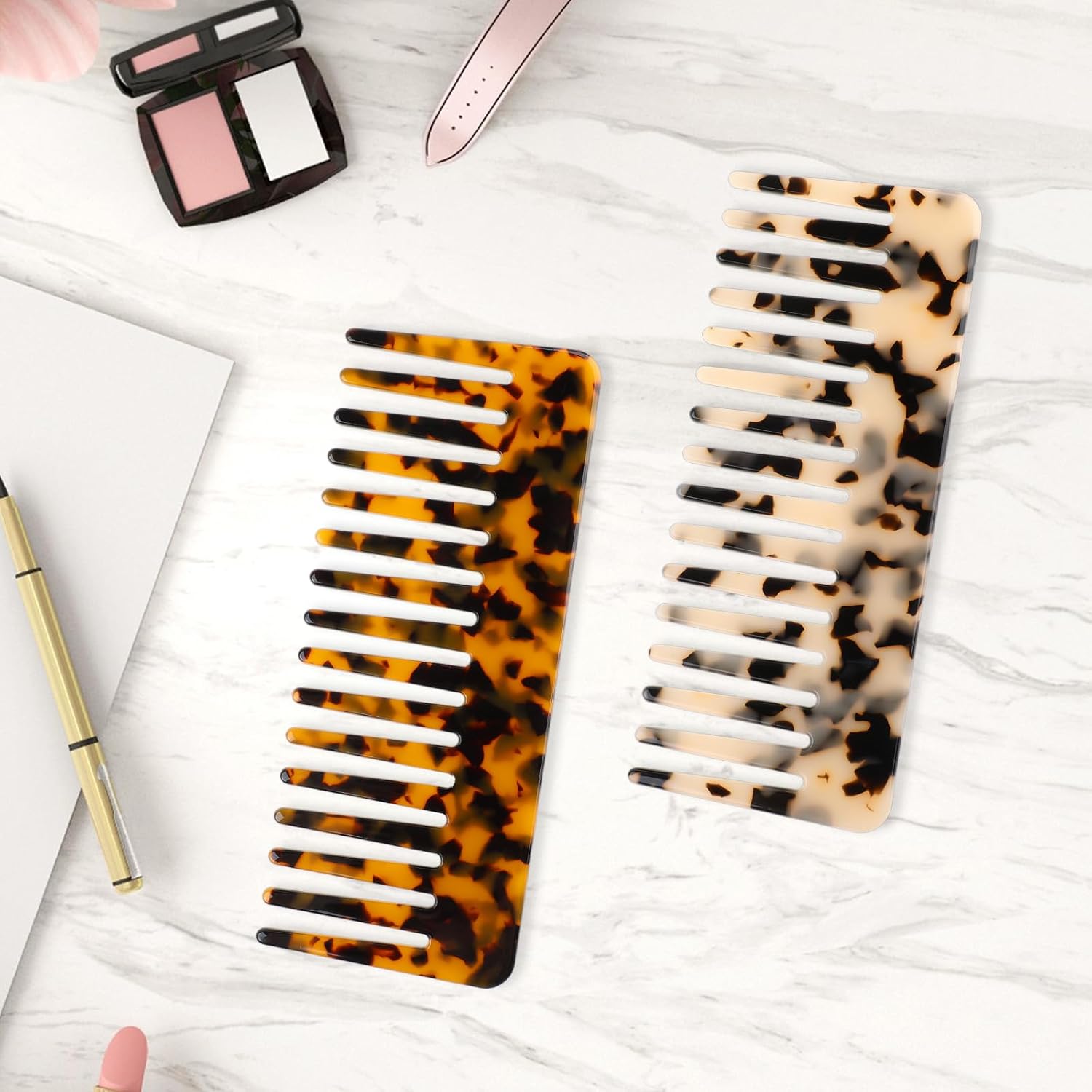 Cellulose Wide Tooth Comb Set 6-Inch Detangling Combs for Curly Thick Hair 2 Piece Tortoise Shell Ivory - Image 3