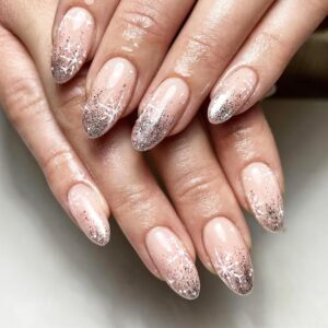 White Snowflake Press on Nails - 24Pcs Medium Almond Christmas False Nails, Glossy Silver Glitter French Acrylic Fake Nails, Gel Glue on Xmas Stick on Nails for New Years Gift