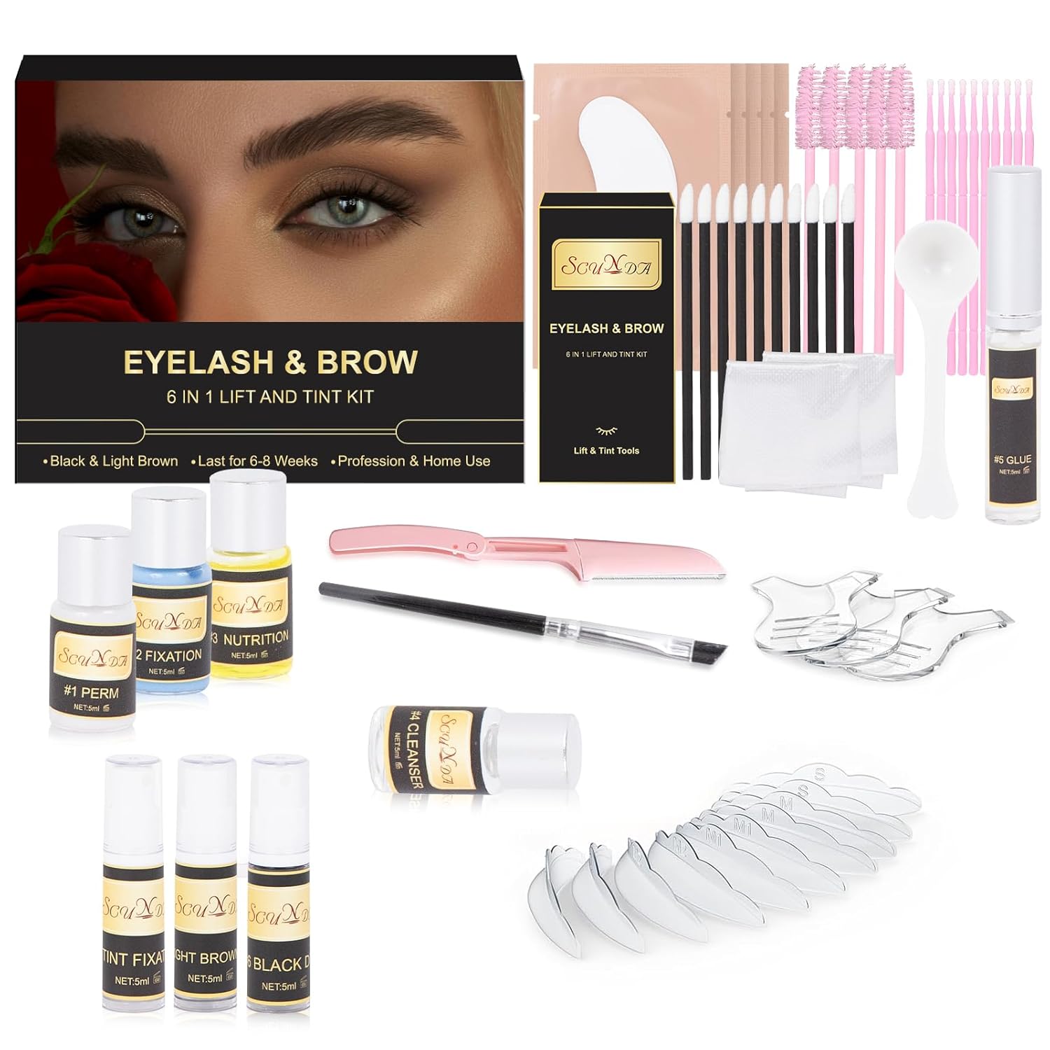 Eyebrow Tint and Lamination Kit, SCUNDA Lash Lift and Tint Kit, 6 IN I Professional Brow Lamination Kit with Black, Brow Colors, Instant Lash Lift Kit for Beginners, Fuller, Curling, Tinting