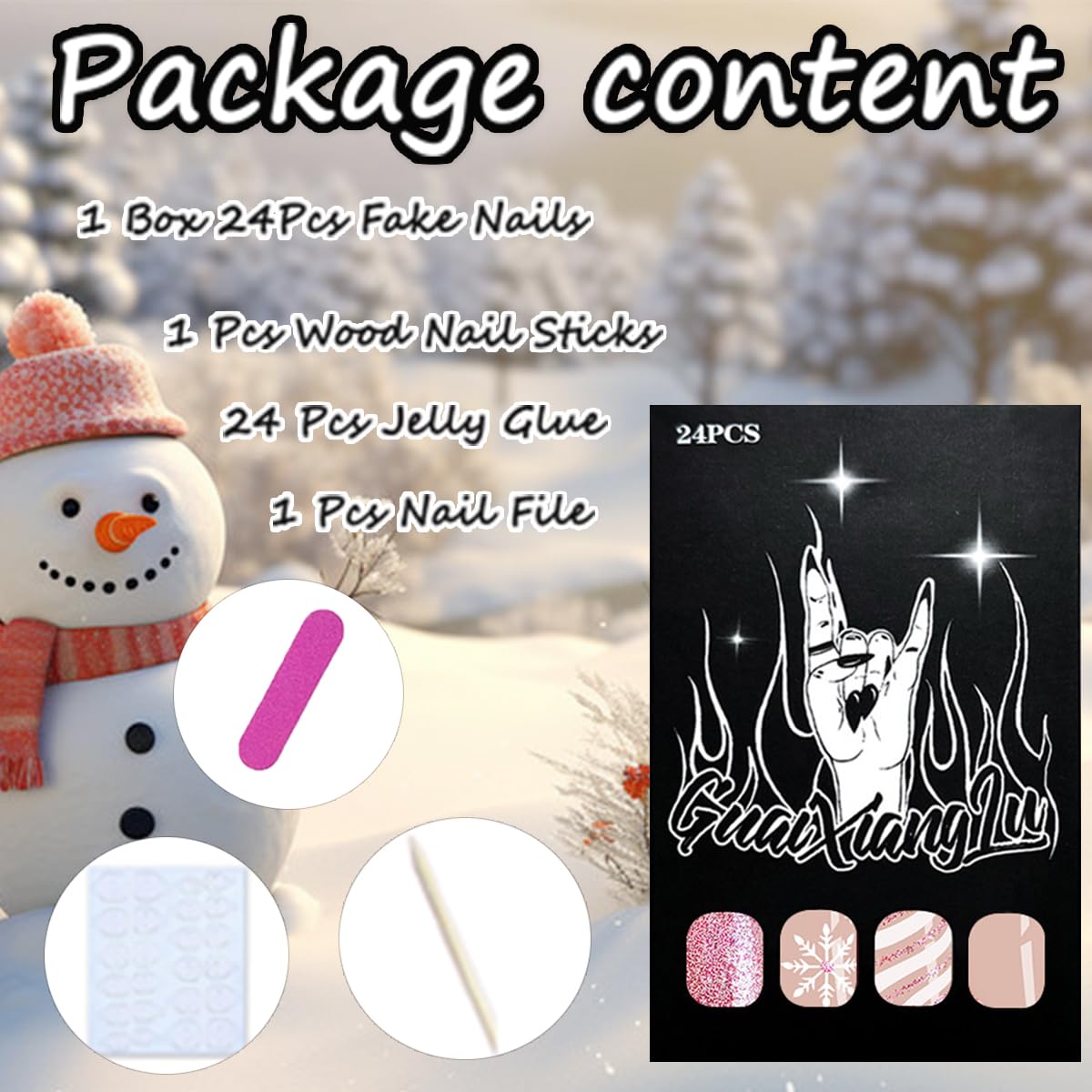 Glossy Short French Tip Fake Nails with Glitter Snowflake Design, 24 Pcs Set - Image 6
