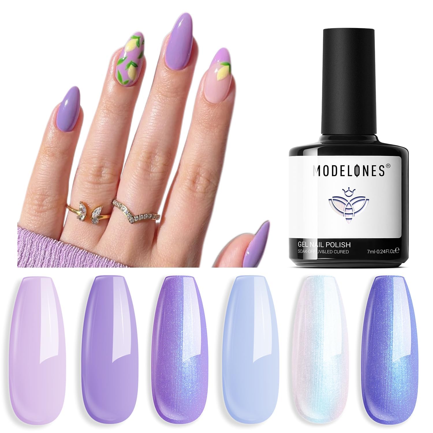 modelones Gel Nail Polish Set, 6 Colors White Blue Shimmer Violet Mermaid Hema Free Purple Summer Glitter Periwinkle Nails Soak Off Led Nail Gel Polish for Women Girl DIY Nail Art Gift
