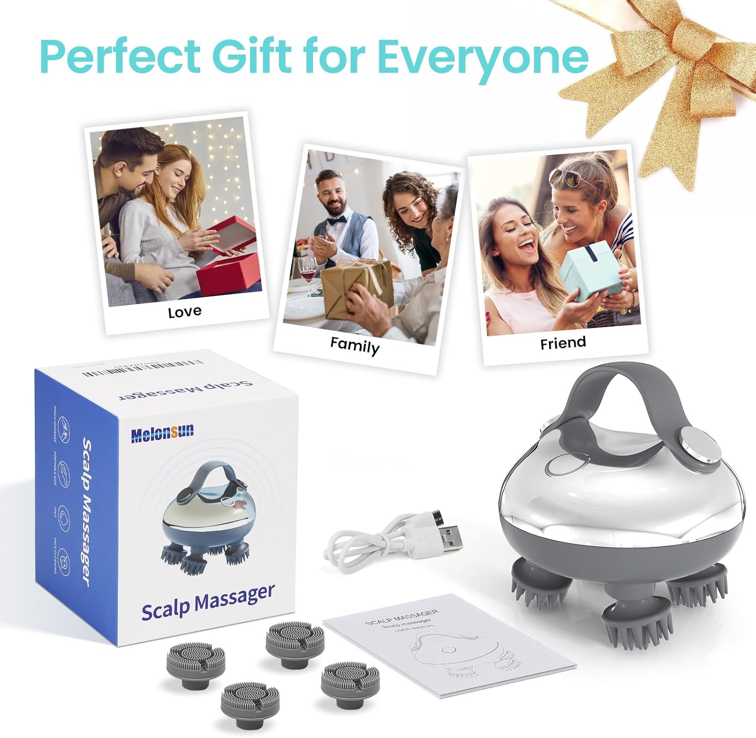 Rechargeable Portable Electric Scalp Massager Silver Waterproof Heated 100 Kneading Nodes 3 Speed Modes - Image 7