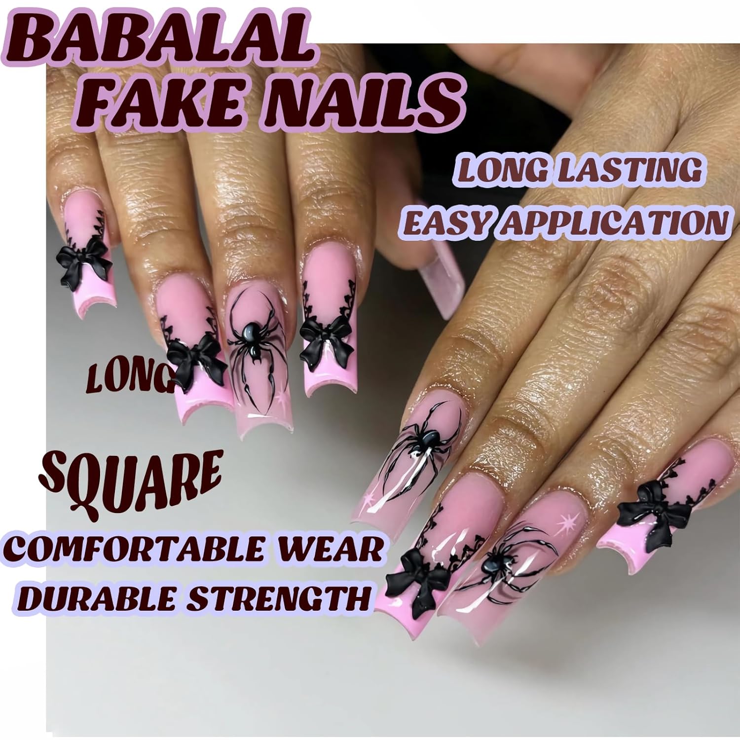 BABALAL 24Pcs Long Square Press on Nails with Black Spider Goth Design and Bow Charm - Image 6