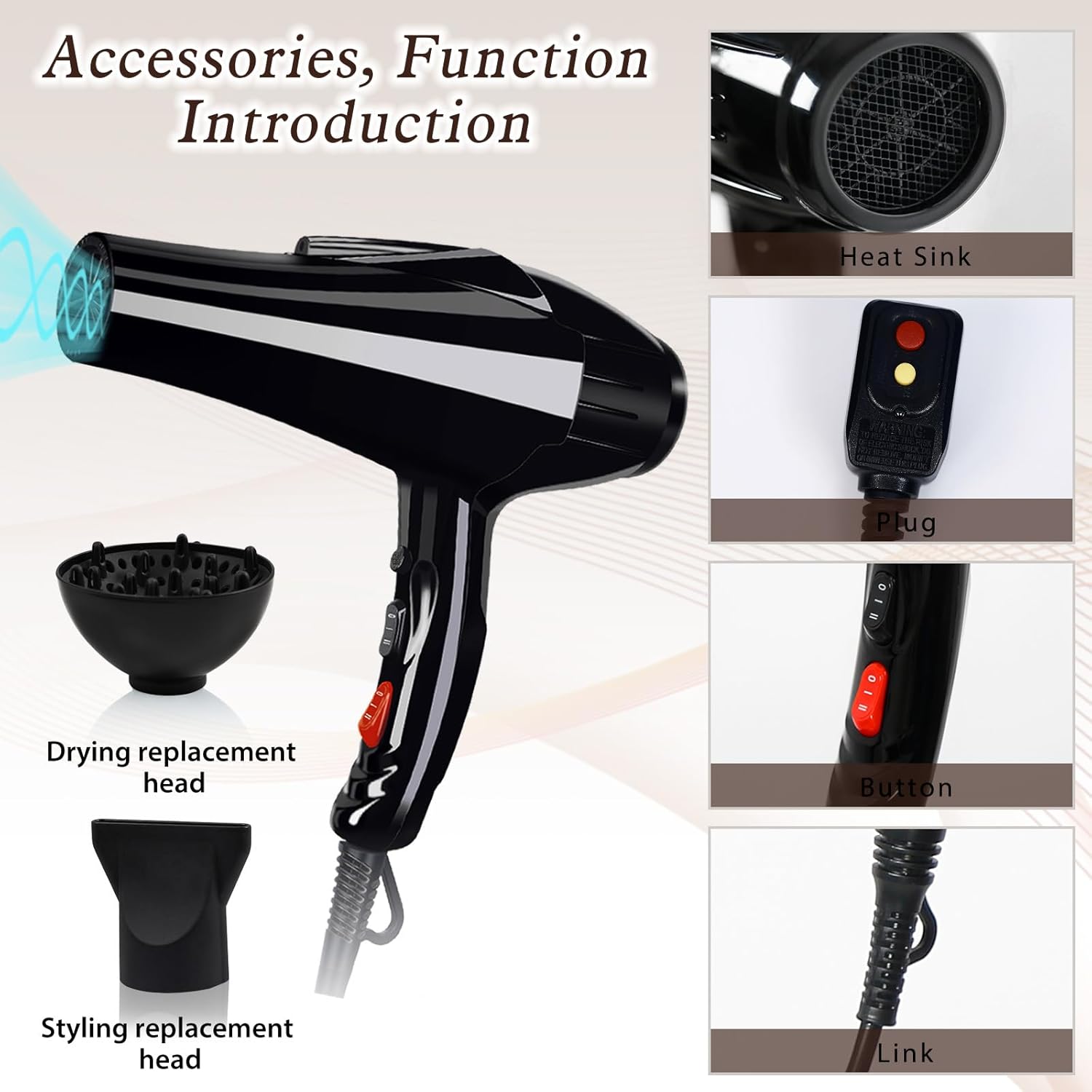 Professional 3500W Ceramic Tourmaline Ionic AC Motor Hair Dryer with Attachments - Image 2