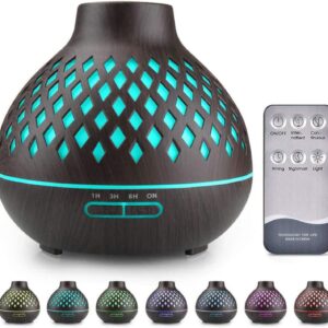 Essential Oil Diffuser, Aromatherapy Diffuser 500ml with Remote Control, 4 Timer & Auto-Off Safety Switch, 7 Color LED Lights Mode, 10 Hours Quiet Humidifier for Bedroom, Office & Home
