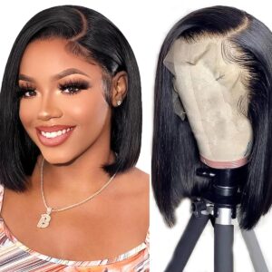 Bob Wig Human Hair 13x6 Lace Front Wigs Human Hair 180% Density Straight Frontal HD Transparent Short Bob Wigs for Black Women Pre Plucked Blunt Cut Wig(12 Inch)
