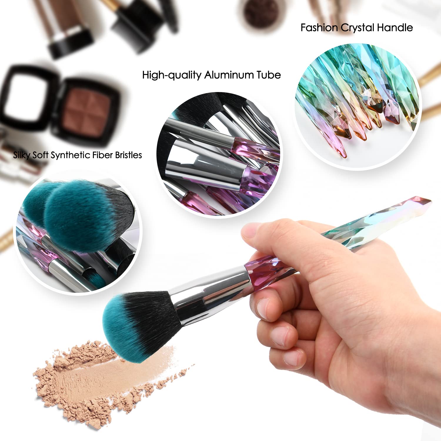 10 Piece Crystal Handle Makeup Brush Set with Kabuki, Foundation, and Eye Brushes - Green - Image 4