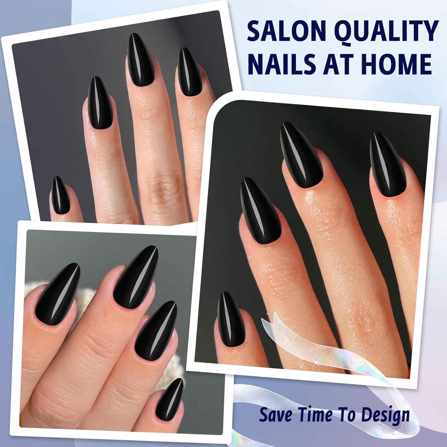 240 Piece Glossy Black Almond Shape Full Cover Acrylic Fake Nails for Women - Image 7