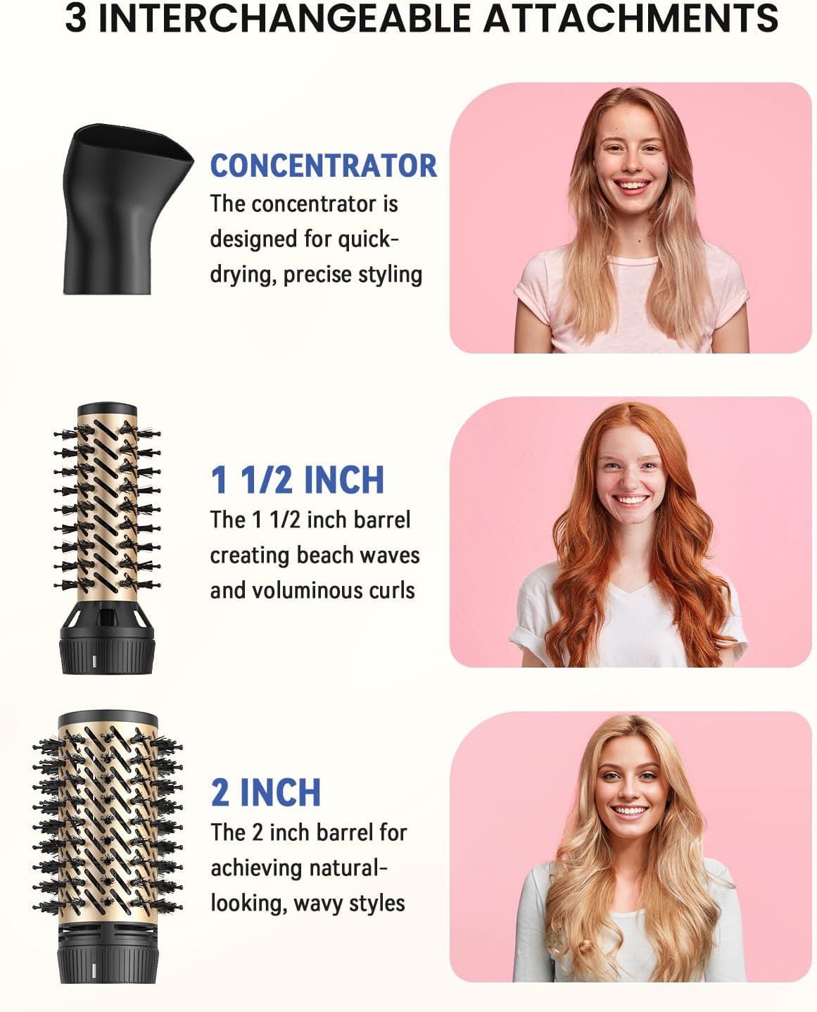 3-in-1 Rotating Hair Dryer Brush Set Gold Black 2 Brush Heads Concentrator Attachment - Image 4