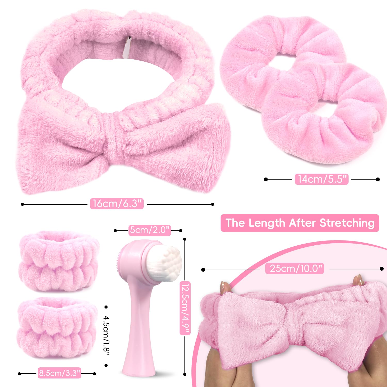 Pink Spa Headband and Wristband Set with Facial Cleansing Brush and Scrunchie - Image 2