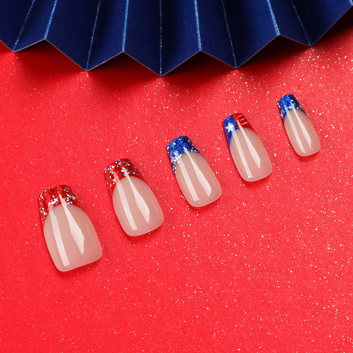 24Pcs Medium Square French Tip Press on Nails with Glitter for 4th of July Theme - Image 6