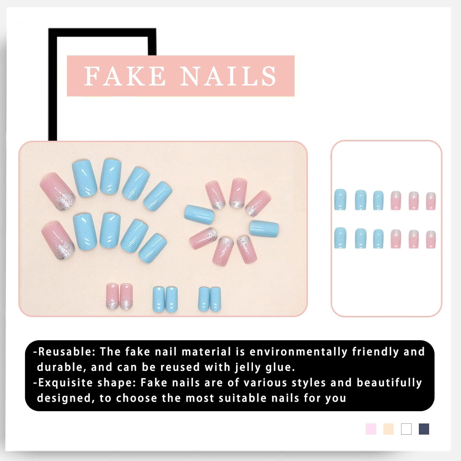 Summer Glitter Acrylic Square Press on Nails Medium Length 24 Pcs - Image 5