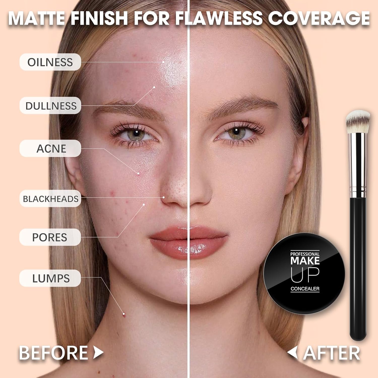 Waterproof Matte Full Coverage Cream Concealer Makeup Kit with Brush 0.35 oz #02 Light Cream - Image 4
