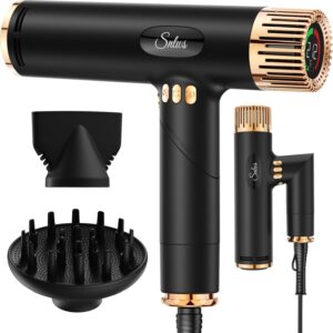 Hair Dryer with Diffuser, Foldable Hair Dryer with Detachable Cord for Curly Hair, Ionic Blow Dryer with 110,000 RPM for Fast Drying, 3 Speeds, 3 Heat Settings, Mini Hairdryer for Home & Travel