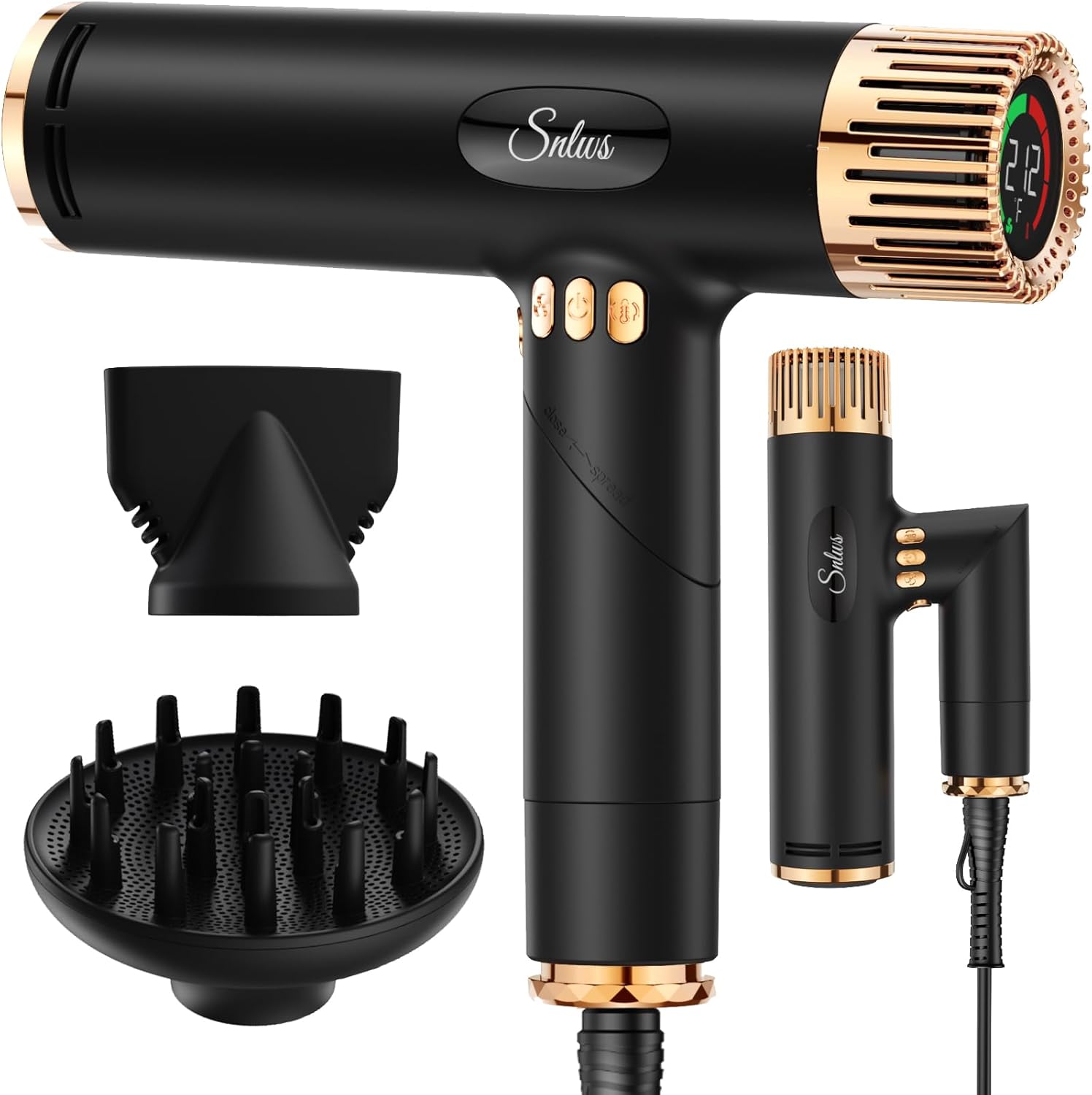 Hair Dryer with Diffuser, Foldable Hair Dryer with Detachable Cord for Curly Hair, Ionic Blow Dryer with 110,000 RPM for Fast Drying, 3 Speeds, 3 Heat Settings, Mini Hairdryer for Home & Travel