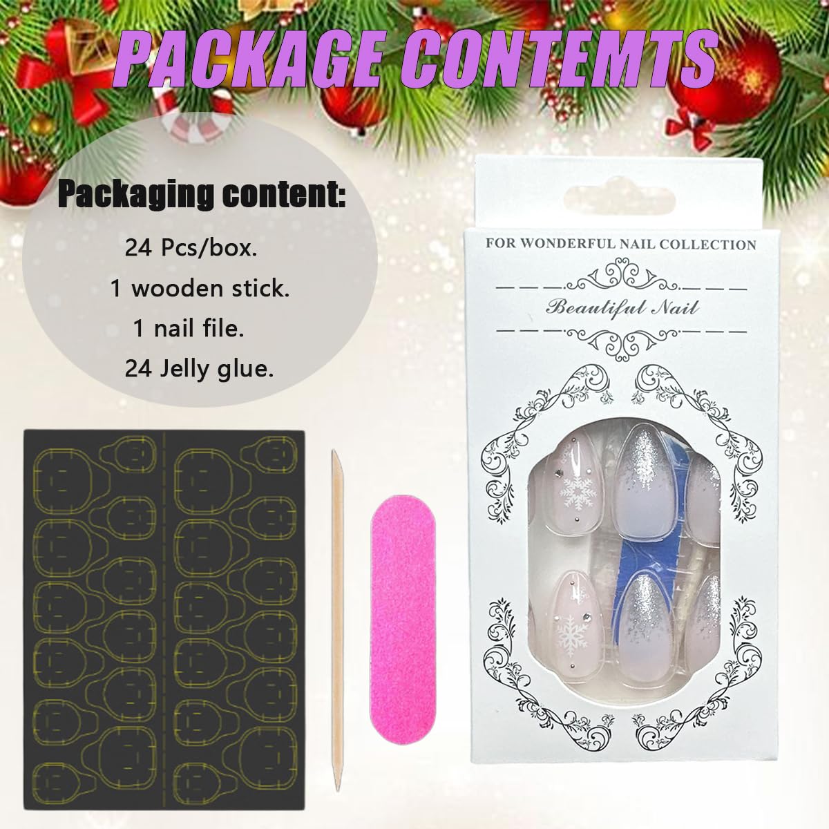 Christmas Almond Medium Press on Nails 24Pcs with Snowflakes and Rhinestones - Image 6