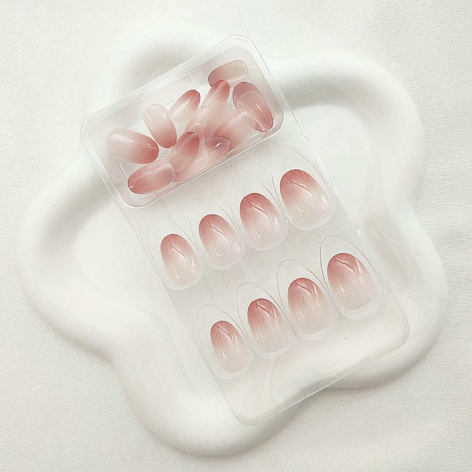 Short Oval Pink & White Ombre Glossy Acrylic Press On Nails Translucent 24 Count - Image 2