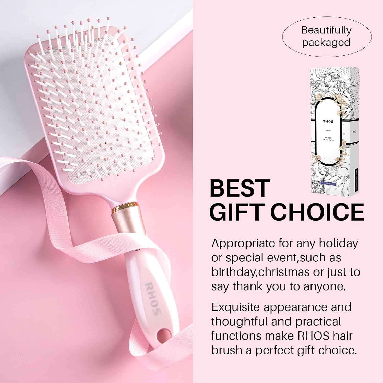 RHOS Paddle Brush for Thick, Curly, Long Hair - Detangler with Nylon Bristles - Pink - Image 6