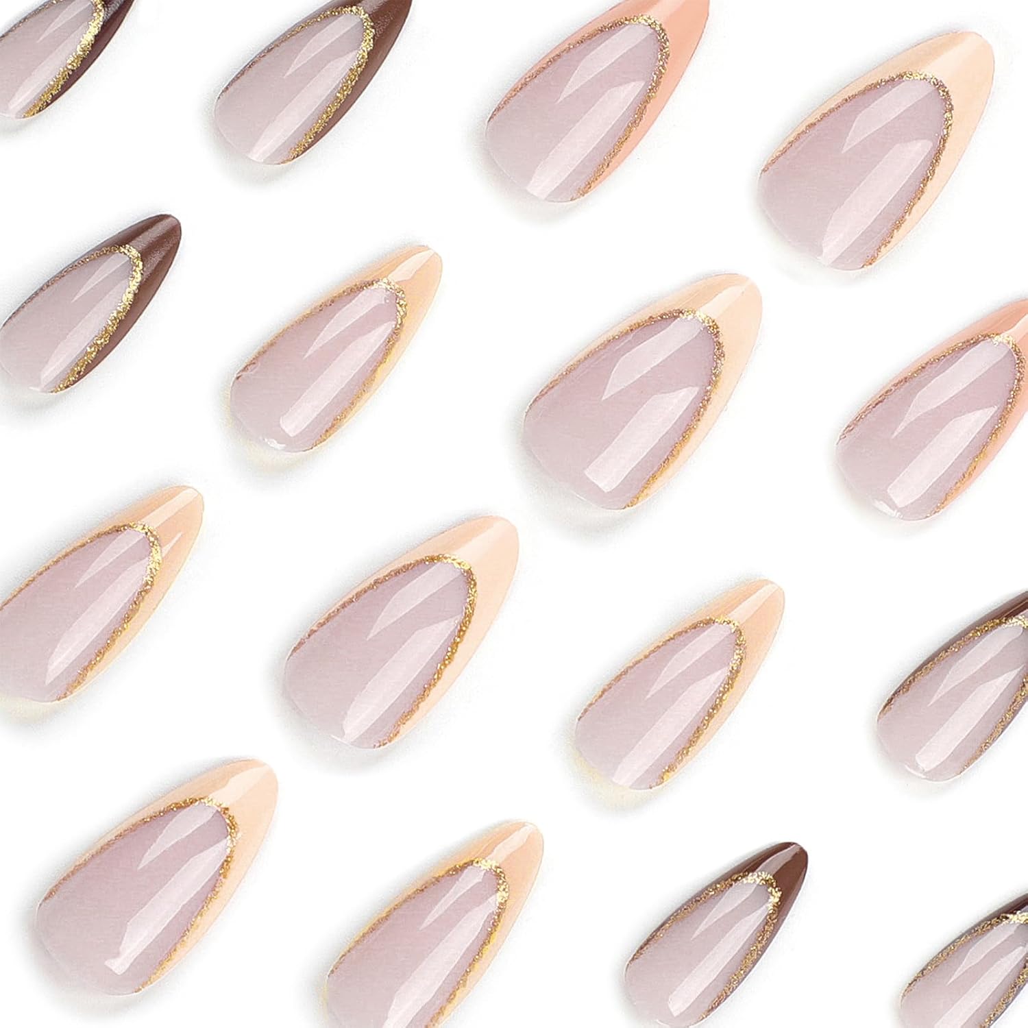SINHOT Medium Almond Stiletto Press On Nails 24 pcs Yellow Brown Glossy Glitter - Image 3