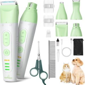 SUPRENT Dog Grooming Kit, 4 in 1 Quiet Pet Clippers for Grooming Supplies, Cordless Cat Paw Trimmer Dog Nail Grinder, Professional Long Hair Shaver Set for Cat Matted Hair and Small Dogs Thick Coats
