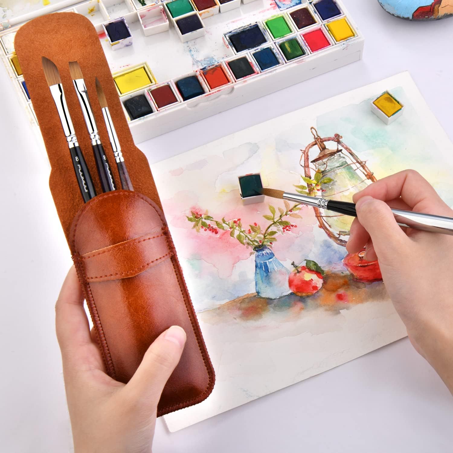 Fuumuui 4 Piece Kolinsky Sable Travel Watercolor Brush Set with Leather Pouch - Image 5