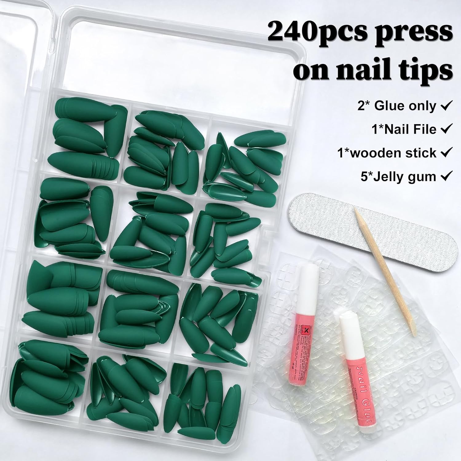 240pcs Matte Green Almond Press on Nails Kit with 5 Adhesive Tabs for Women - Image 2
