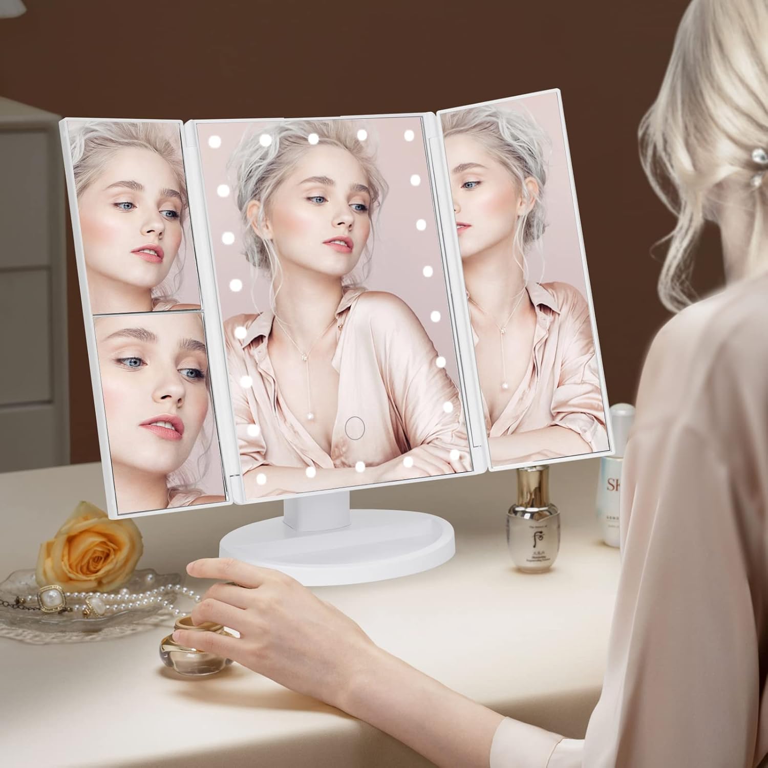 Trifold Vanity Mirror 21 LED Lights 1x 2x 3x Magnification Touch Screen - Image 7