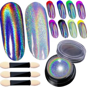 Holographic Nail Powder Holo Powder for Nails Chrome Nail Powder Rainbow Unicorn Mirror Effect Glitter Dust Multi Manicure Pigment Nail Art DIY Deco with Sponge Tool/3pcs, 0.04oz/1g