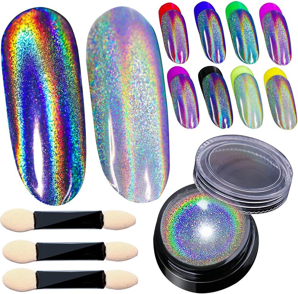 Holographic Nail Powder Holo Powder for Nails Chrome Nail Powder Rainbow Unicorn Mirror Effect Glitter Dust Multi Manicure Pigment Nail Art DIY Deco with Sponge Tool/3pcs, 0.04oz/1g