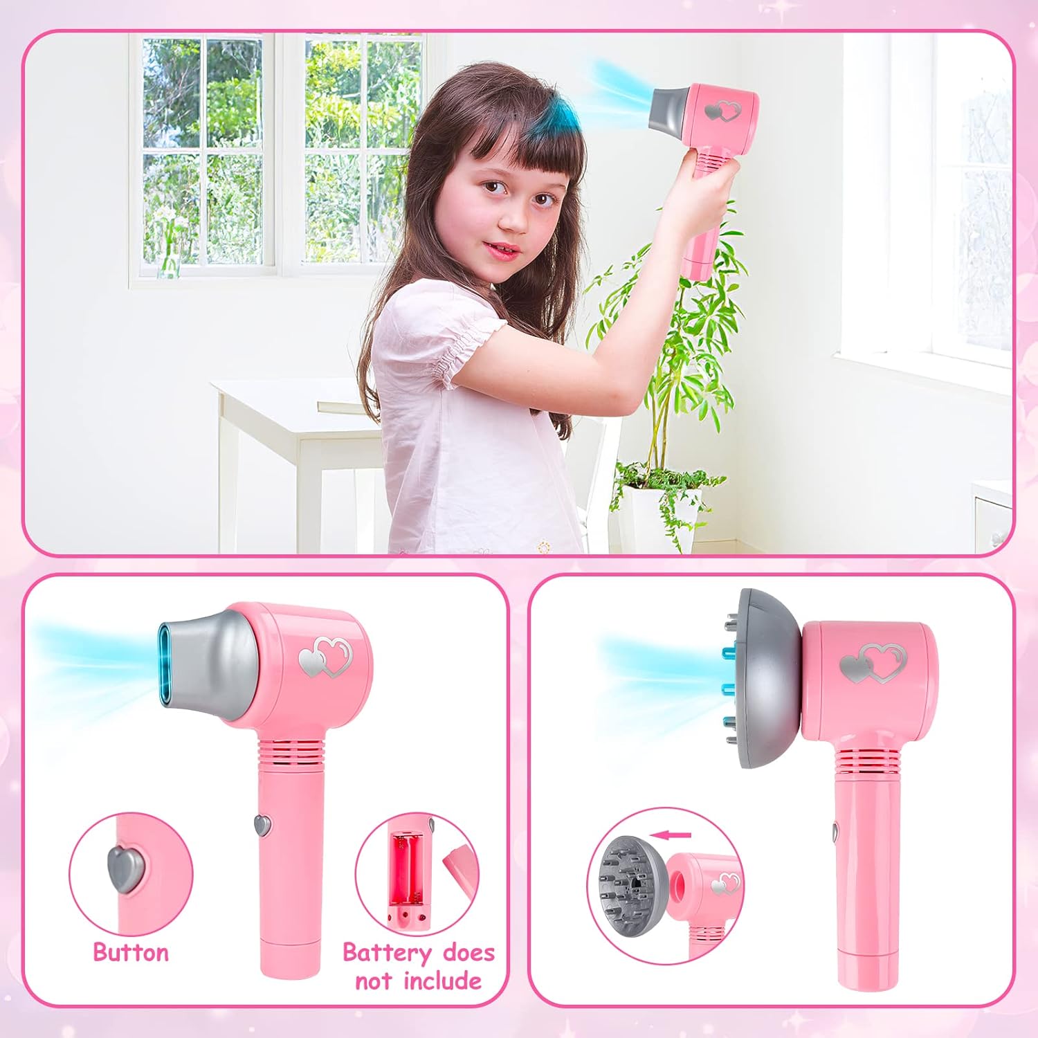 DeAO 10-Piece Girls' Hair Salon Toy Set with Working Toy Hairdryer and Accessories - Image 4