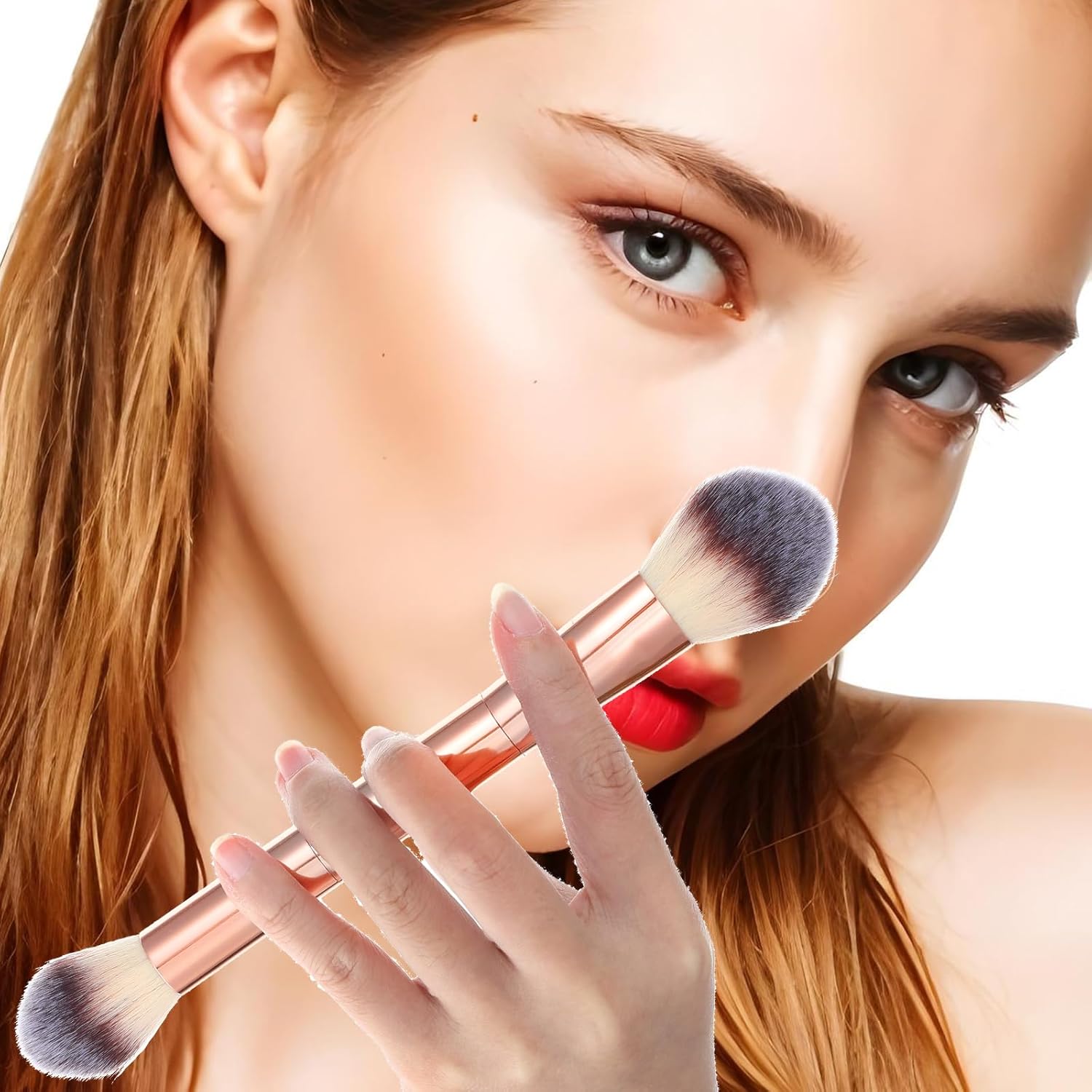 2 Pcs Double-Ended Foundation Concealer Makeup Brushes Liquid Cream Blush Gold - Image 4