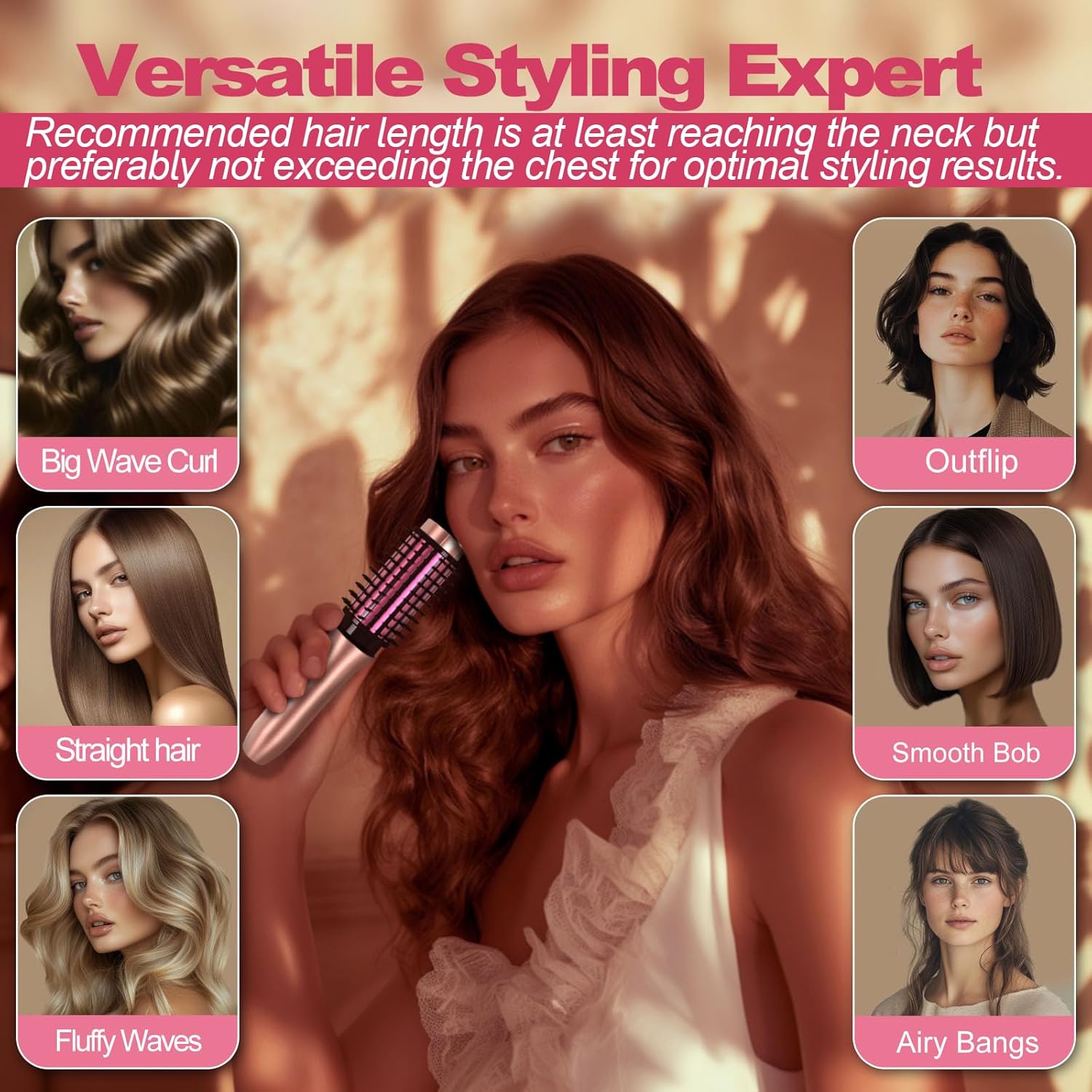 Portable Pink Cordless Mini Hair Curling Iron Brush 3-in-1 Heated Comb USB Rechargeable - Image 3