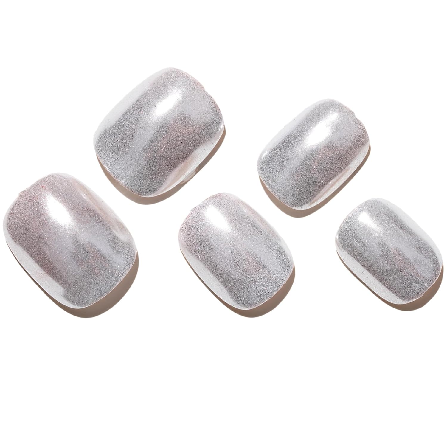 GLAMERMAID Press on Nails Extra Short Squoval, Spring Summer Handmade Sliver Chrome Gel Glue on Nails, 24Pcs Glossy Round Reusable UV Finish Fake Nails Acrylic False Nails Manicure Kits for Women