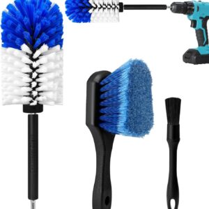 Wheel Brush Kit,Soft Drill Wheel Cleaner Brush, No Scratches Highly Dense Car Cleaning Brush Set for Wheels, Tire, Rims, Engines, Exhaust(Blue + White 3 Pk)