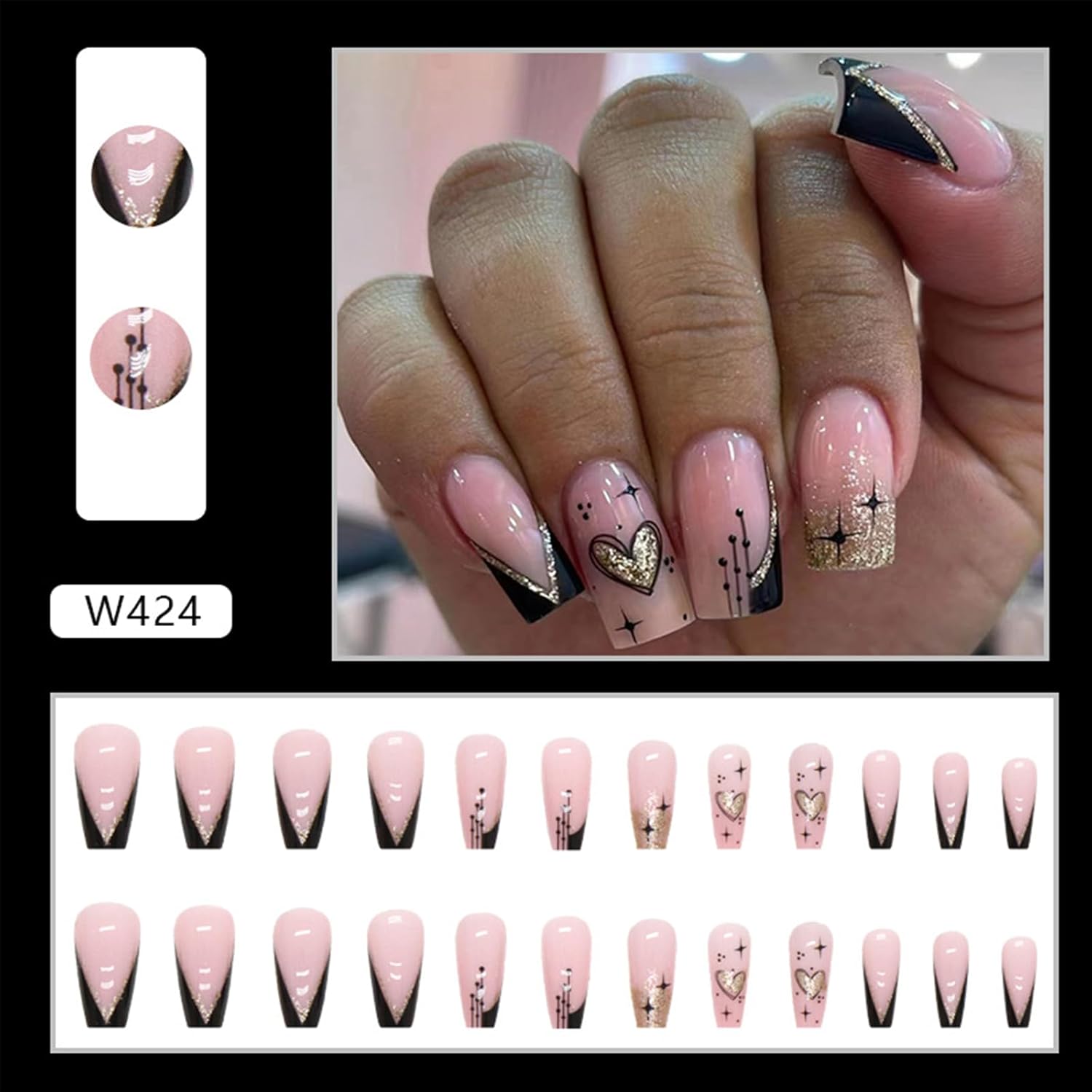 24 Piece Medium Square Press-On Nails Set Glitter Black Pink Nude - Image 5